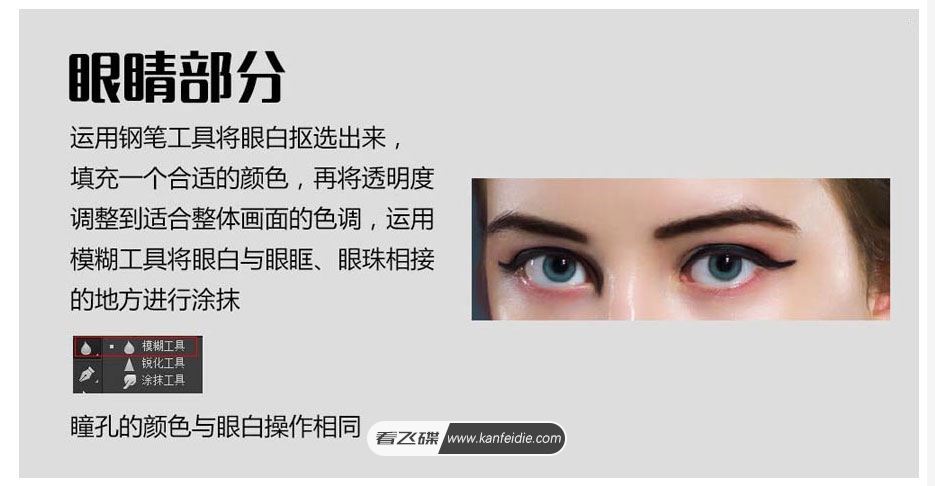 运用钢笔I具将眼白抠选出来,填充一个合适的颜色 ,再将透明度调整到适合整体画面的色调,运用模糊工具将眼白与眼眶、眼珠相接的地方进行涂抹