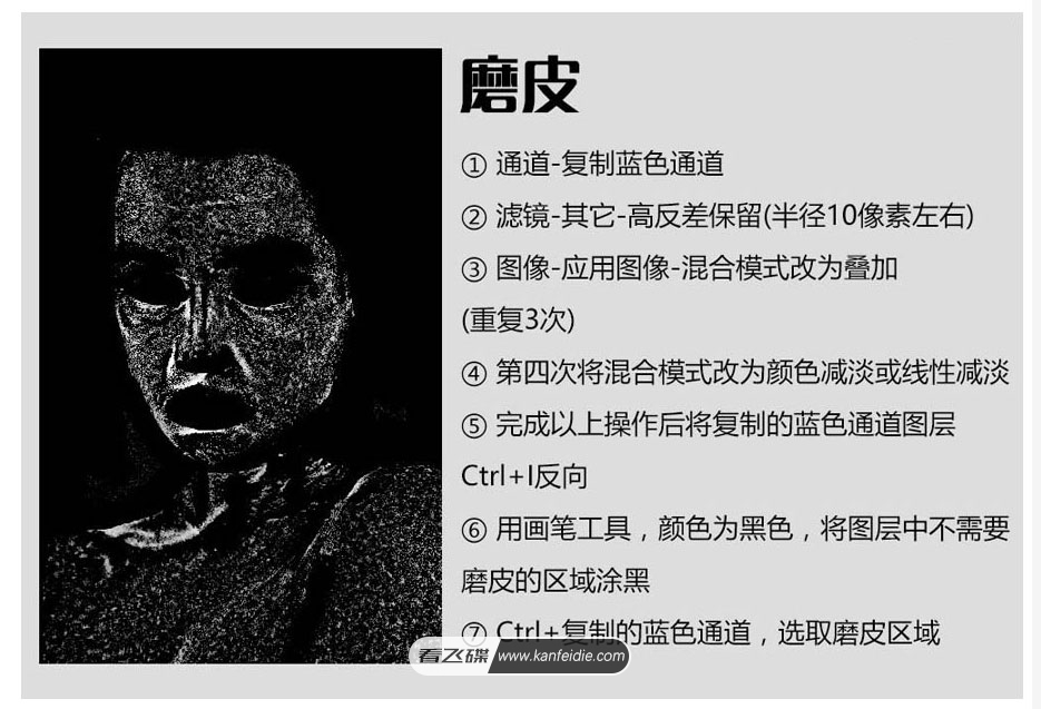 ①通道-复制蓝色通道
②滤镜其它-高反差保留(半径10像素左右)
③图像-应用图像混合模式改为叠加
(重复3次)
④第四次将混合模式改为颜色减淡或线性减淡
⑤完成以上操作后将复制的蓝色通道图层
Ctrl+ |反向
⑥用画笔工具,颜色为黑色,将图层中不需要
磨皮的区域涂黑
⑦Ctrl+复制的蓝色通道,选取磨皮区域